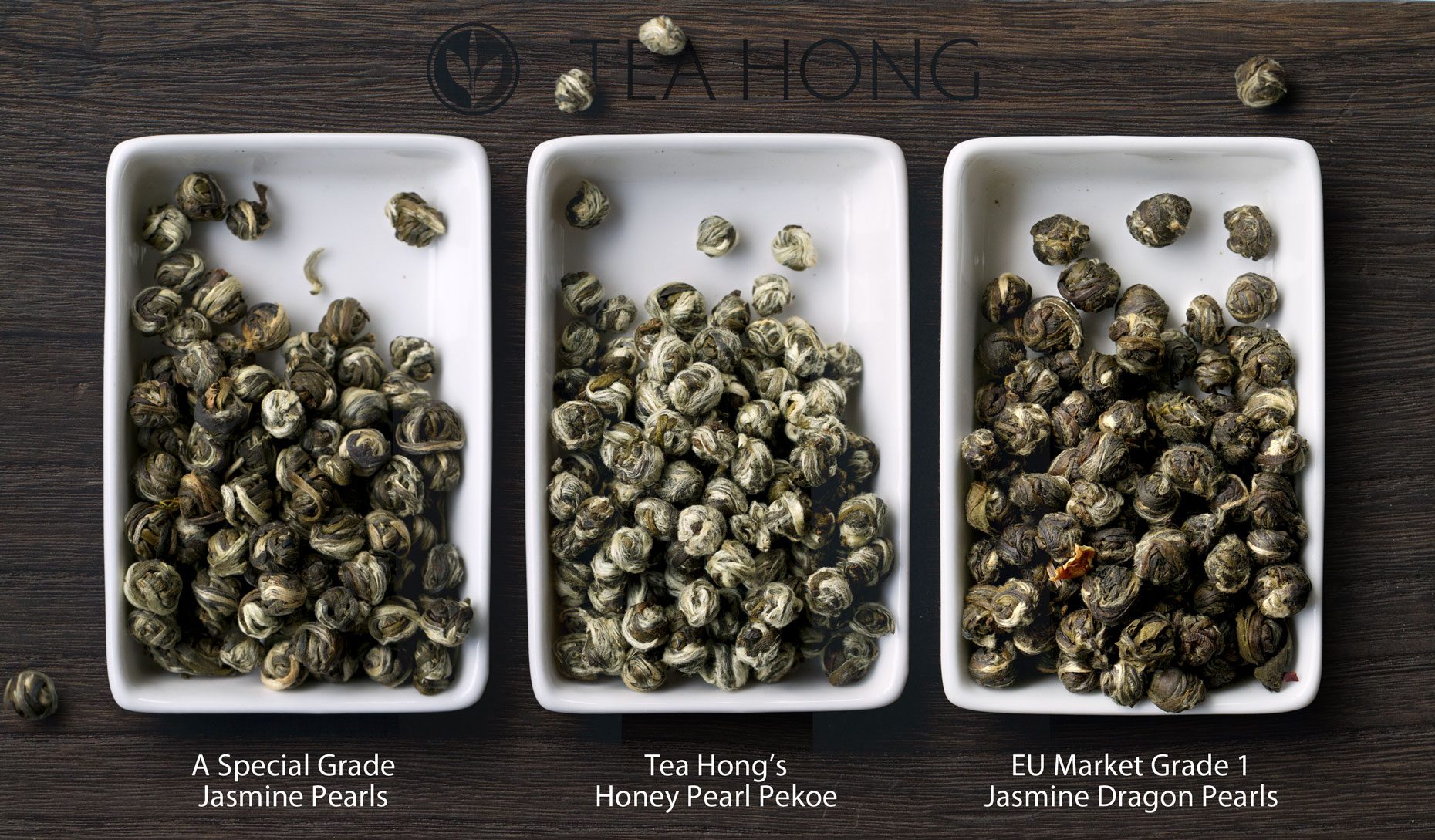 Comparing the tealeaves of two other jasmine pearls with that of Tea Hong's Honey Pearl Pekoe
