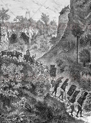 A tea caravan of mules and porters, Yunnan. etching by Louis Delaporte, c. 1868