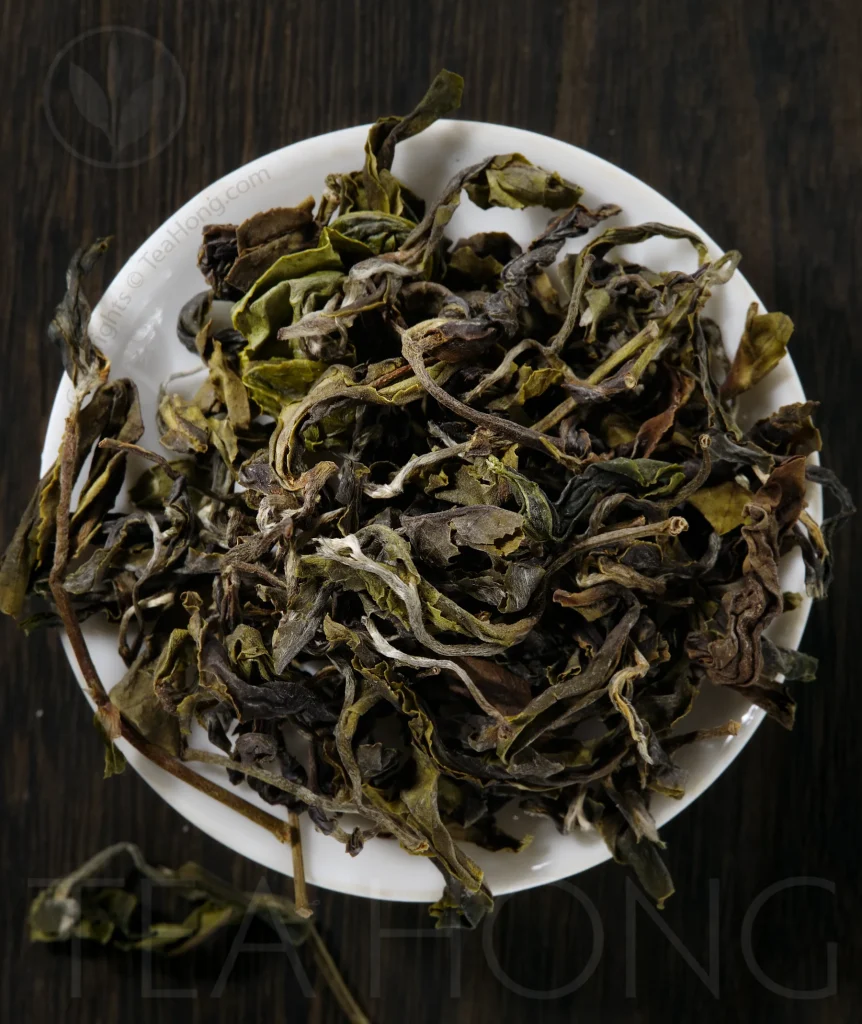 The curly dry leaves of Tea Hong's GABA Bouquet white tea