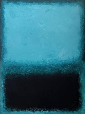 An Abstract Expressionist painting with a bright light blue colour squarish form filling the top 3-5th of a vertical canvas and a much darker blue filling the lower 2-5th, in highly visible and vigorous brush strokes, yet with almost no colour difference between strokes.
