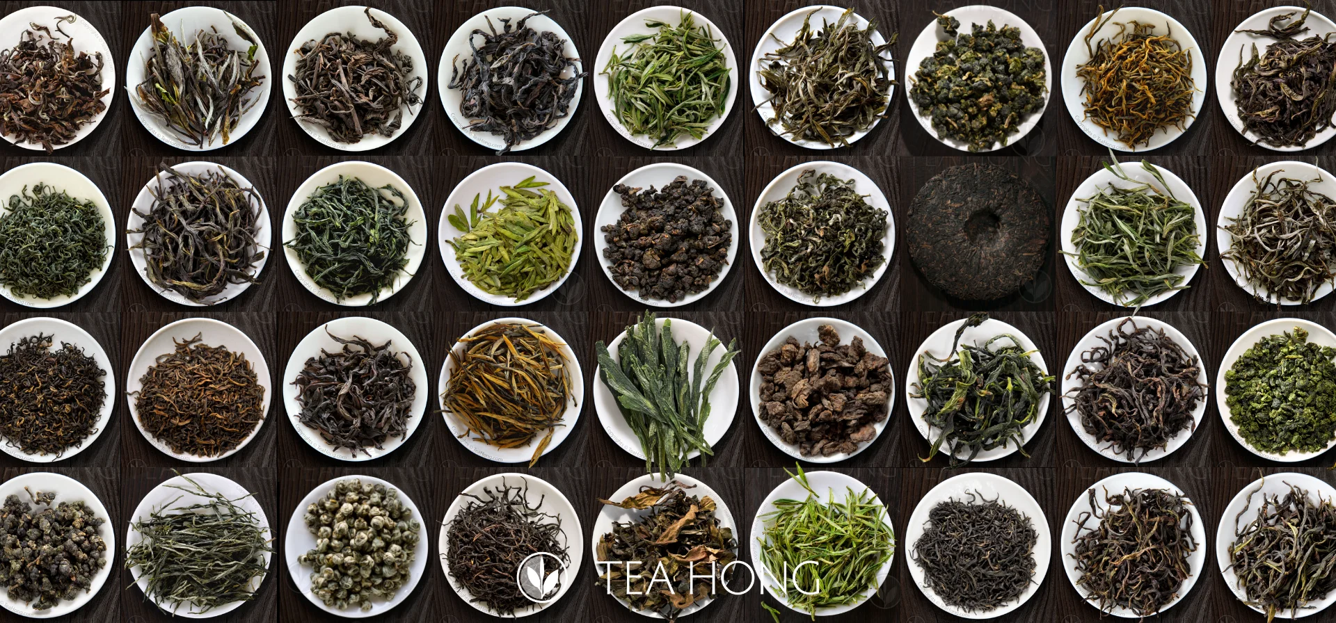 Different varieties of tealeaves each in a same size round dish arranged neatly on a grid. 36 of them in the picture.